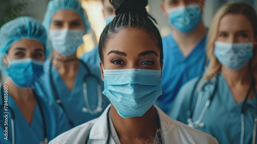 Diverse Team of Healthcare Professionals in Masks at Hospital photo