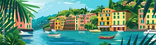 A bright flat illustration of a provincial town by the sea with colorful buildings and boats on the water. In the background is a lush green landscape with mountains and palm trees