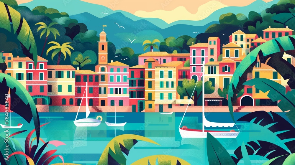 A bright flat illustration of a provincial town by the sea with colorful buildings and boats on the water. In the background is a lush green landscape with mountains and palm trees