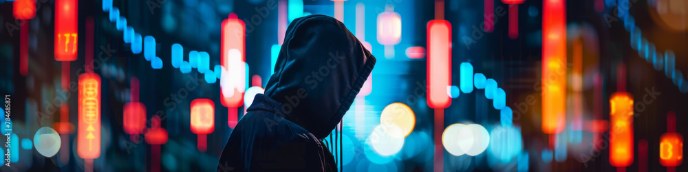 Hooded Figure Against Vibrant City Lights at Night - obrazy, fototapety, plakaty 