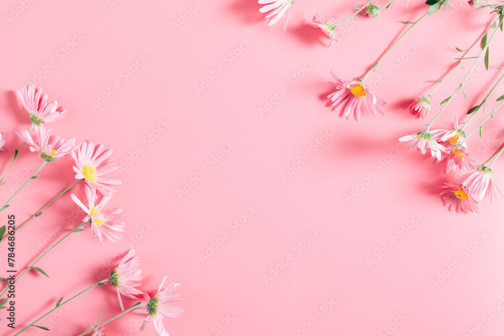 Beautiful flowers composition. Pink flowers on pastel pink background. Valentines Day, Easter, Birthday, Mother's day. Flat lay, top view, copy space