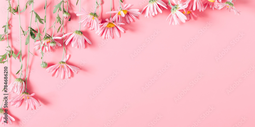 Beautiful flowers composition. Pink flowers on pastel pink background. Valentines Day, Easter, Birthday, Mother's day. Flat lay, top view, copy space Beautiful flowers composition. Pink flowers on pastel pink background. Valentines Day, Easter, Birthday, Mother's day. Flat lay, top view, copy space