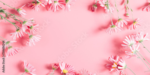 Beautiful flowers composition. Pink flowers on pastel pink background. Valentines Day, Easter, Birthday, Mother's day. Flat lay, top view, copy space © prime1001