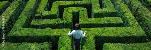 Executive in a business suit standing in front of a hedge maze - career path concept navigating complicated work choices