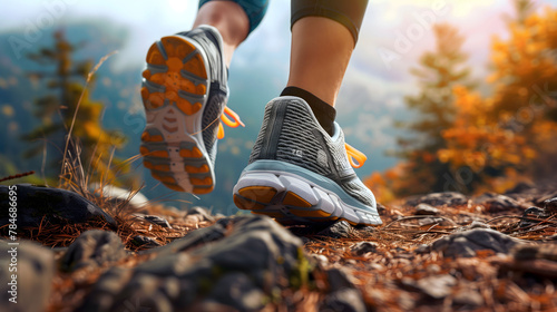 A woman is running on a rocky trail with her feet in the air. Concept of freedom and adventure, as the woman is enjoying the outdoors and the challenge of running on uneven terrain