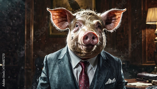 Filthy rich businessman pig is fat and disgusting, greedy corporation manager and executive. photo