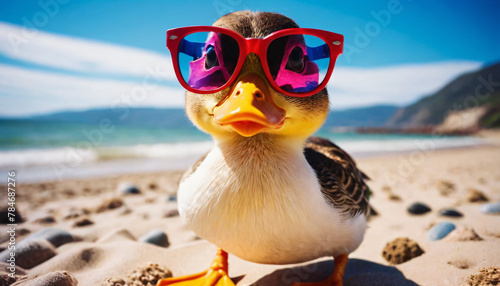 Cool duck with pink sunglasses at the beach with blue sunny sky. Vacation concept.