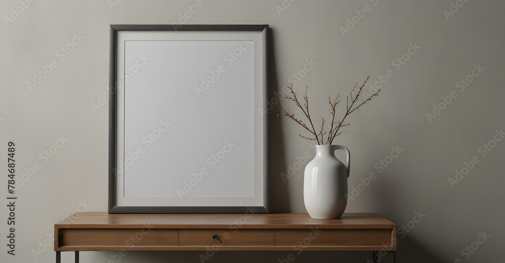 Mockup of poster, photo frame on wooden table with vase and white wall background Mockup of poster, photo frame on wooden table with vase and white wall background