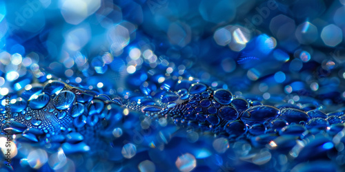 Sparkling Blue Water Droplets on Reflective Surface
