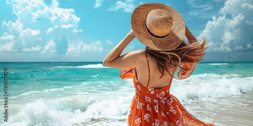 photo of Beautiful woman in summer dress enjoying life at the beach photo