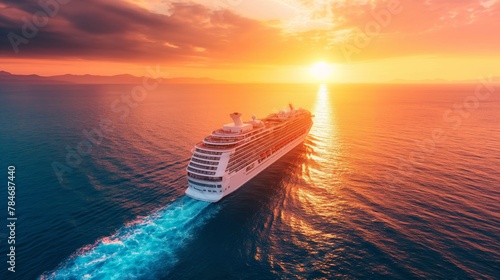 A cruise ship at sea sails to meet the sunset photo