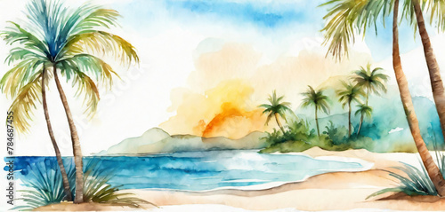 Seascape. Summer tropical beach with golden sand palm branches. Watercolor style art. © lumerb