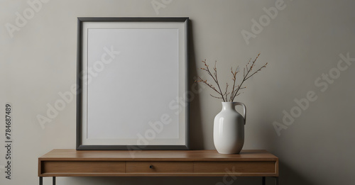 Mockup of poster, photo frame on wooden table with vase and white wall background