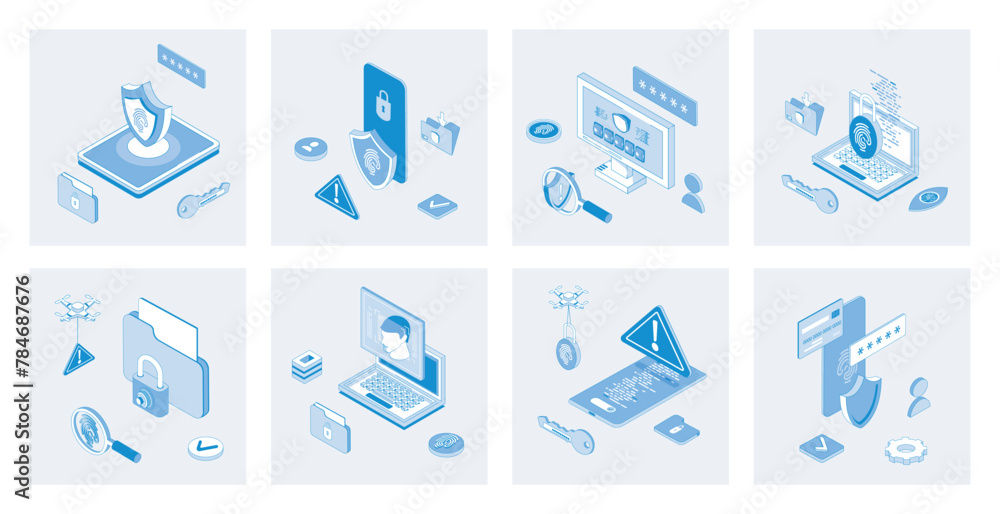 Cyber security 3d isometric concept set with isometric icons design for web. Collection of fingerprint scan verification, password lock access, hacker attack guarding software. Vector illustration Cyber security 3d isometric concept set with isometric icons design for web. Collection of fingerprint scan verification, password lock access, hacker attack guarding software. Vector illustration