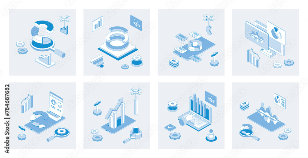 Data analysis 3d isometric concept set with isometric icons design for web. Collection of charts and graphs, marketing research, financial diagrams report, statistic information. Vector illustration - obrazy, fototapety, plakaty 