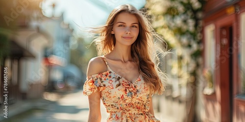 photo of Beautiful woman in summer dress enjoying life in small town