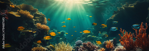 Underwater Diving - Tropical Scene With Sea Life In The Reef Ultrawide Panorama Background.