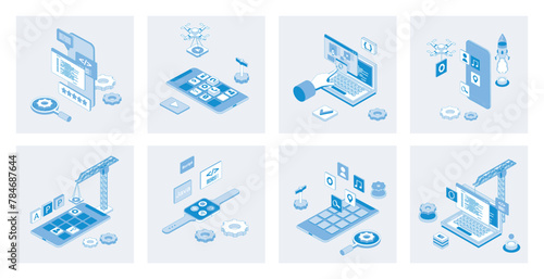 App development 3d isometric concept set with isometry icons design for web. Collection of mobile programming process, interface layout creation, coding, fixing bugs, optimization. Vector illustration