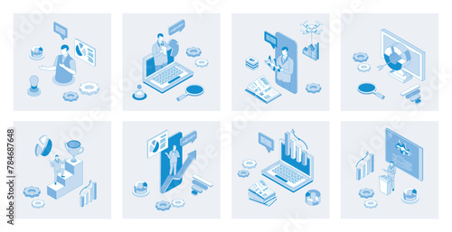 Business training 3d isometric concept set with isometric icons design for web. Collection of businessmans at video seminars, job coaching, consulting lectures, online workshop. Vector illustration