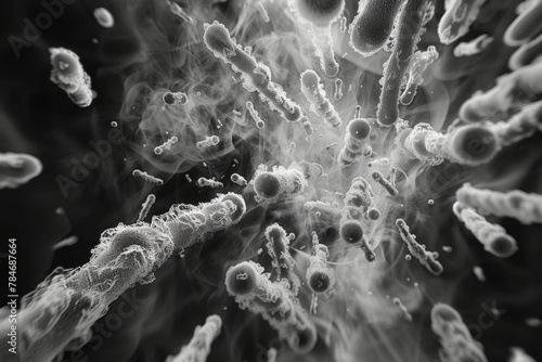 Close-up Monochrome Image of Abstract Microbial Forms in Motion