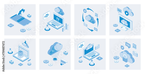 Cloud storage 3d isometric concept set with isometric icons design for web. Collection of uploading and downloading data, online backup system, cyberspace processing and computing. Vector illustration