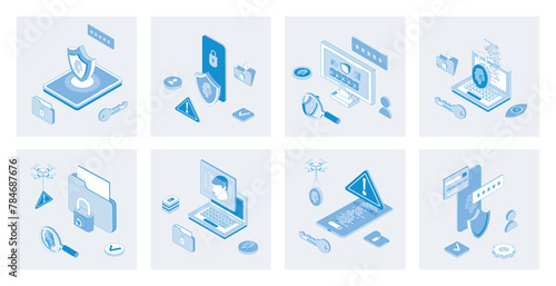 Cyber security 3d isometric concept set with isometric icons design for web. Collection of fingerprint scan verification, password lock access, hacker attack guarding software. Vector illustration