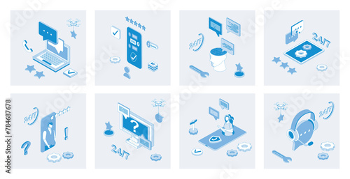 Customer support 3d isometric concept set with isometric icons design for web. Collection of clients chat or call, solving problems online, technical solution center with feedback. Vector illustration