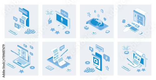 Blogging 3d isometric concept set with isometry icons design for web. Collection of creating content in online blogs, posting video or photo, followers comment and like, subscribe. Vector illustration