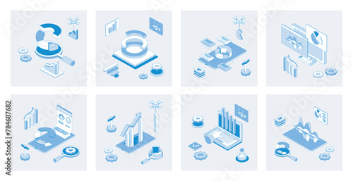 Data analysis 3d isometric concept set with isometric icons design for web. Collection of charts and graphs, marketing research, financial diagrams report, statistic information. Vector illustration