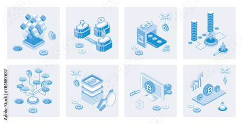 Cryptocurrency 3d isometric concept set with isometric icons design for web. Collection of blockchain technology, trading and mining coins, bitcoins investments, financial growth. Vector illustration photo