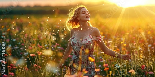 photo of Beautiful woman in summer dress enjoying life in beautiful flower field 