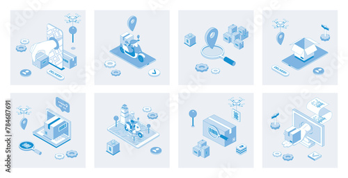 Delivery service 3d isometric concept set with isometric icons design for web. Collection of courier delivering, fast shipping, online tracking location, parcel transportation. Vector illustration