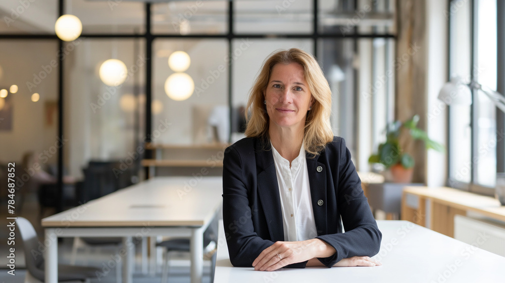A photo of an european woman in her late-40s, sitting at a table ressed as employee of a corporate, in a stylish co-working space. The meeting space has white tables, glass walls A photo of an european woman in her late-40s, sitting at a table ressed as employee of a corporate, in a stylish co-working space. The meeting space has white tables, glass walls