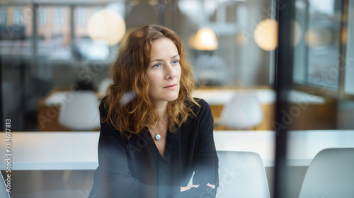 A photo of an european woman in her late-40s, sitting at a table ressed as employee of a corporate, in a stylish co-working space. The meeting space has white tables, glass walls photo