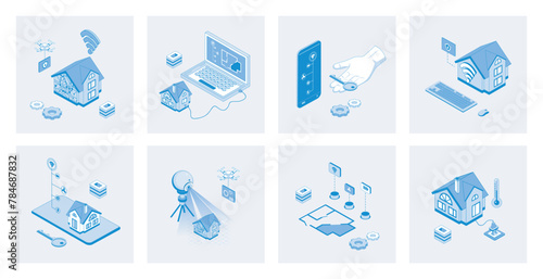 Smart home 3d isometric concept set with isometric icons design for web. Collection of wireless connection, automation house monitoring sensor system, surveillance security camera. Vector illustration © alexdndz