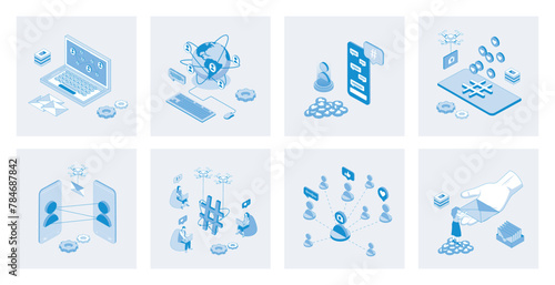 Social network 3d isometric concept set with isometric icons design for web. Collection of internet friends connection, chatting and messaging apps, posting comments with emoji. Vector illustration photo