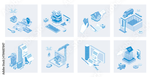 Real estate 3d isometric concept set with isometric icons design for web. Collection of searching new home, property buying, houses building, customer bank loan and mortgage. Vector illustration
