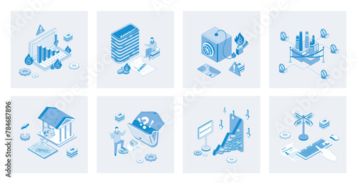 Unemployment and crisis 3d isometric concept set with isometric icons design for web. Collection of global economic recession with financial problems, job loss, employee fired. Vector illustration