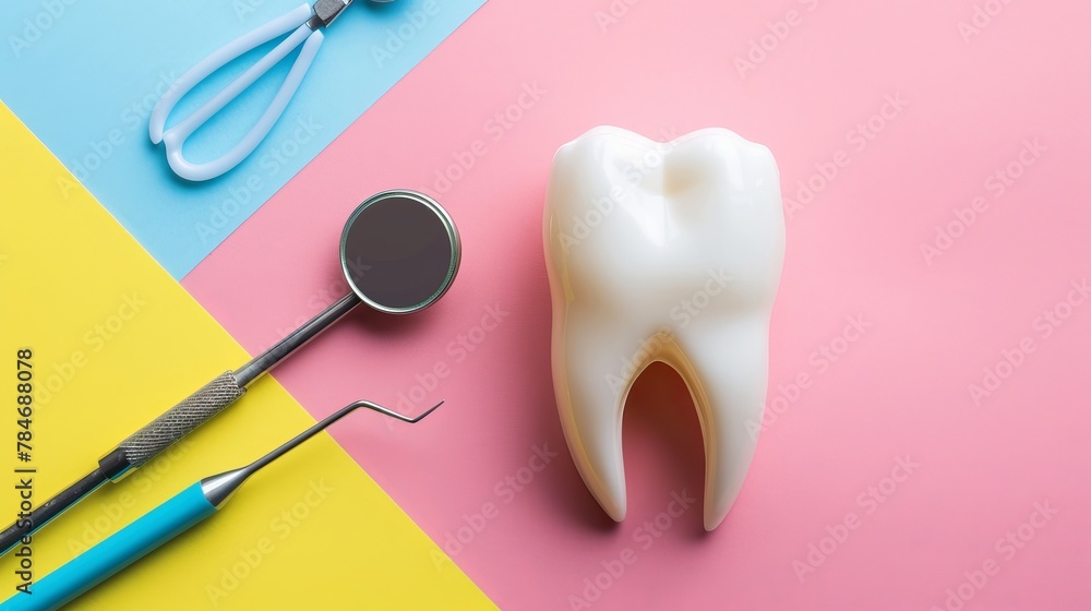 Learn about dentistry. Here's a picture of a tooth and dental tools on a colorful background. You can add your own text to it. - obrazy, fototapety, plakaty 