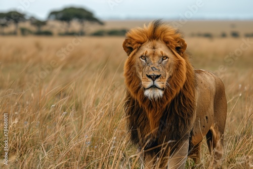 Majestic lion standing tall in savanna © gearstd