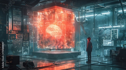 A futuristic laboratory with a holographic brain interface showing data and AI icons
