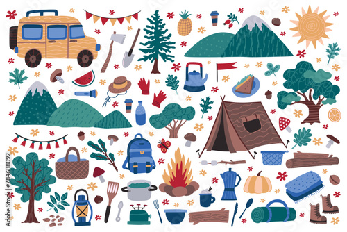 Travel icons. Summer car, tree and mountains, picnic in forest or park. Sun flowers and mushrooms, cute nature holidays, simple spring elements. Hiking and camping equipment. Vector cartoon set