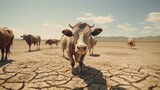 A herd of cows in a desolate field, earth fissured from severe drought, under the relentless heat symbolizing global warming.
