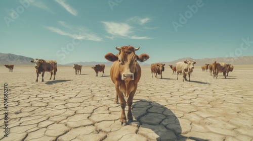 A herd of cows in a desolate field  earth fissured from severe drought  under the relentless heat symbolizing global warming.
