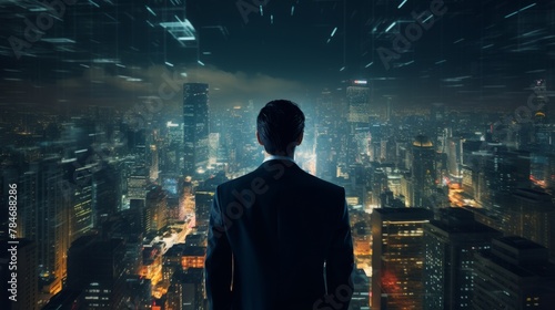 A man in a suit overlooks a dense cluster of high-rises, reflecting on urban complexity in this close-up, photo-realistic 4k image.