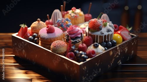 Dive into decadence with this close-up 4k shot of a present box filled with an assortment of vibrant, tempting pastries.