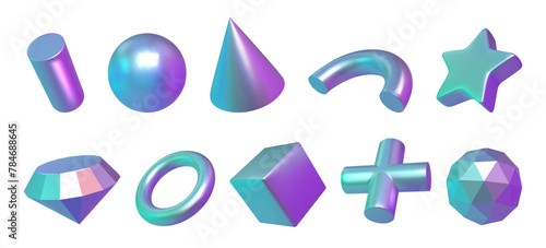 3d shapes. Abstract holographic objects, circle, cube and star elements render, metal ball sphere and brilliant with futuristic gradients. Geometry trendy collection. Vector design set