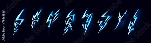 Lighting effect. Electric thunder game spark or energy flash light, blue thunderbolt fantasy form, storm power. High voltage symbol. Glossy isolated elements. Vector cartoon background