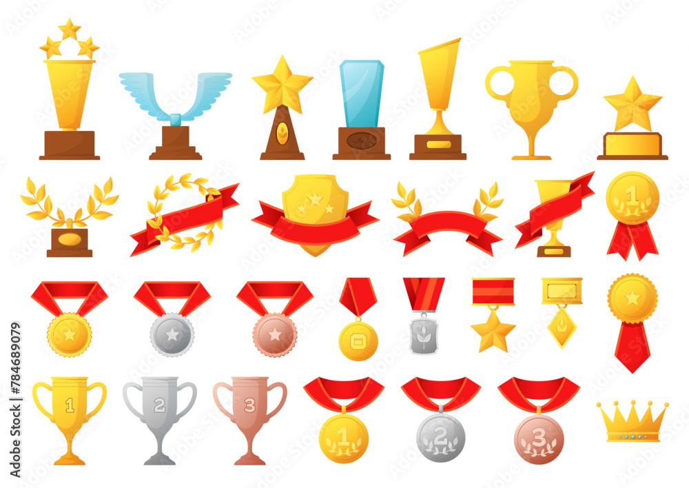 Obraz premium Winner trophy. Golden and glass cups, medals with red ribbons and badges. First and second place. Competition champ achievement set. Victory triumph icons. Vector flat isolated illustration