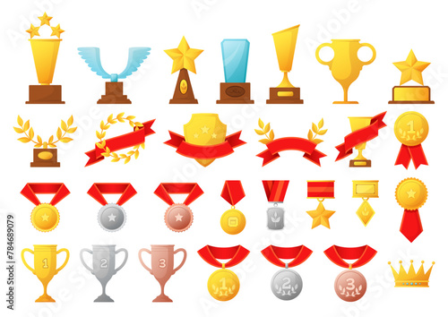 Winner trophy. Golden and glass cups, medals with red ribbons and badges. First and second place. Competition champ achievement set. Victory triumph icons. Vector flat isolated illustration